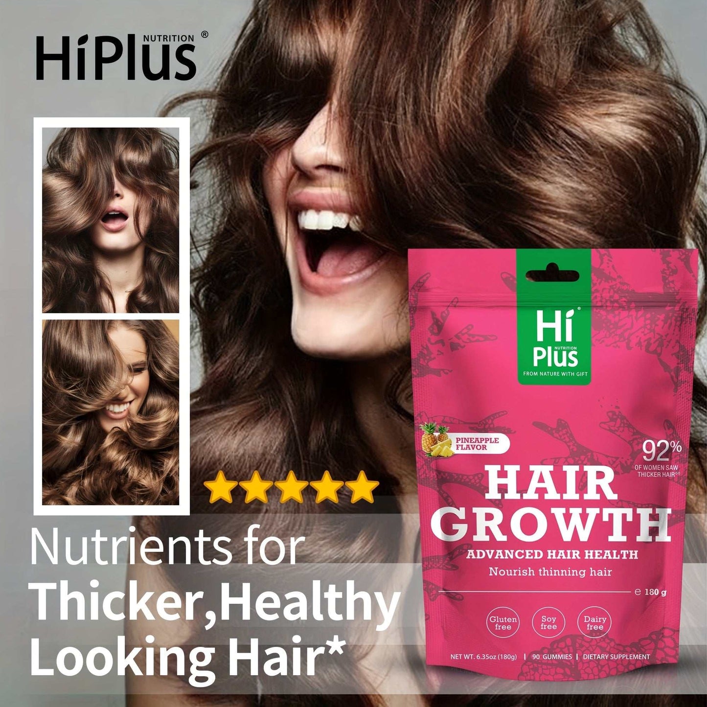 Hiplus Hair Growth Gummies - Collagen Complex, 90 Count BoosTelle