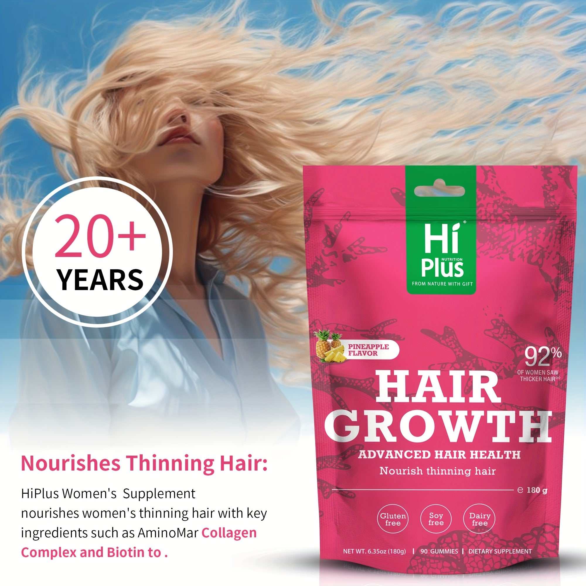 Hiplus Hair Growth Gummies - Collagen Complex, 90 Count BoosTelle