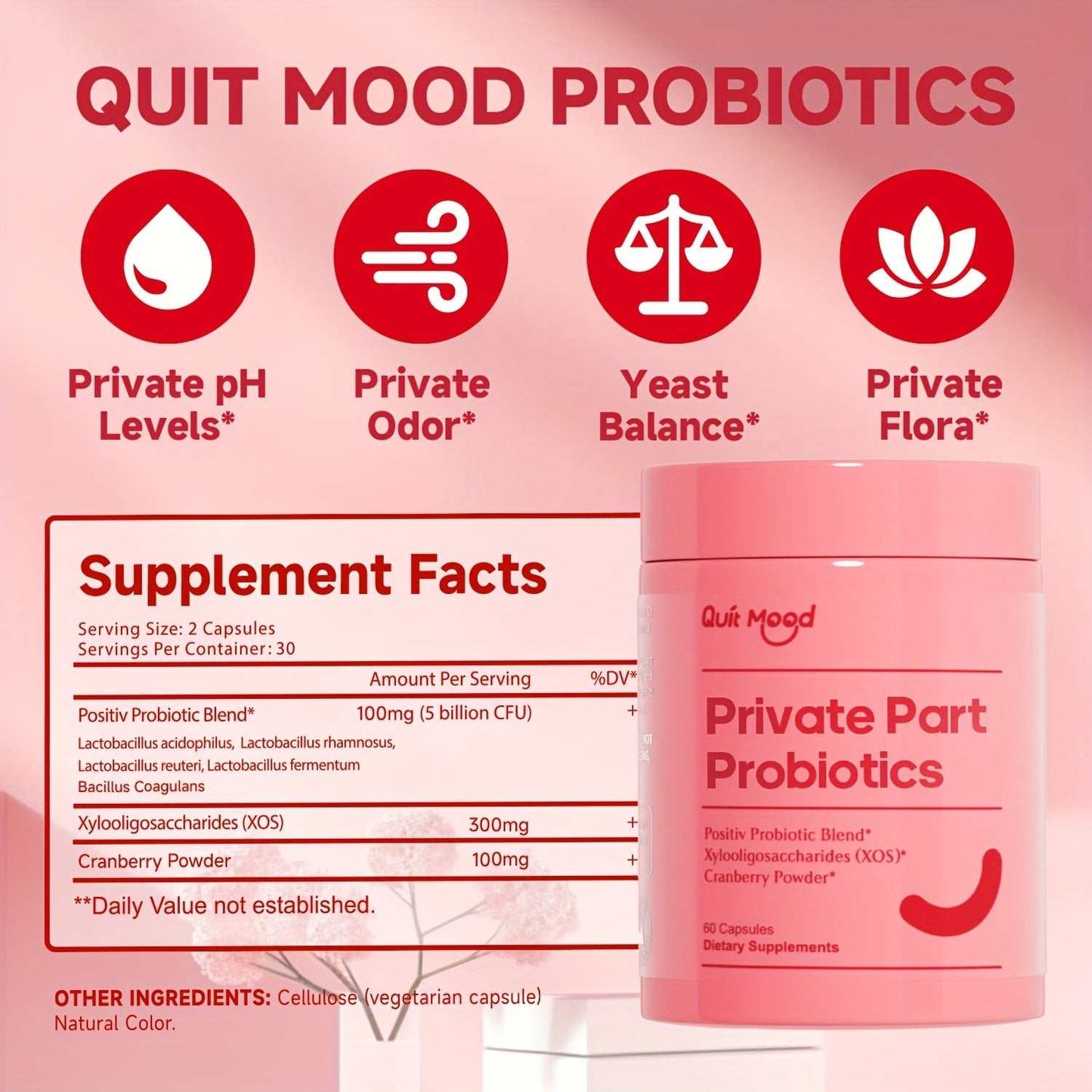 Women's Private Probiotics - pH Balance Support for Intimate Health with Cranberry (60 Capsules) BoosTelle